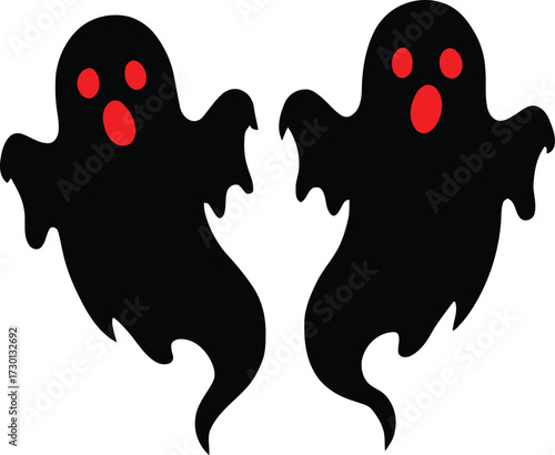 Pair of Spooky Black Ghosts with Red Eyes and Mouths Floating on a White Background for Halloween
