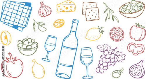 An illustration of wine bottle with glasses and food items on a white background sketch style