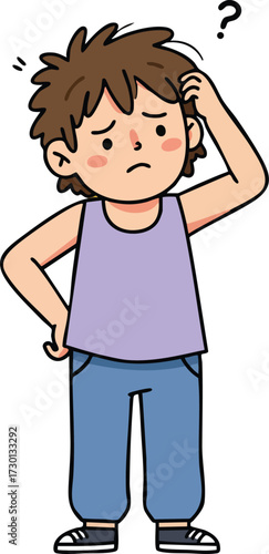 Confused young boy scratching head with question mark illustration in casual clothes vector design 