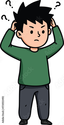 Confused boy scratching head with question marks above in simple cartoon style vector illustration 