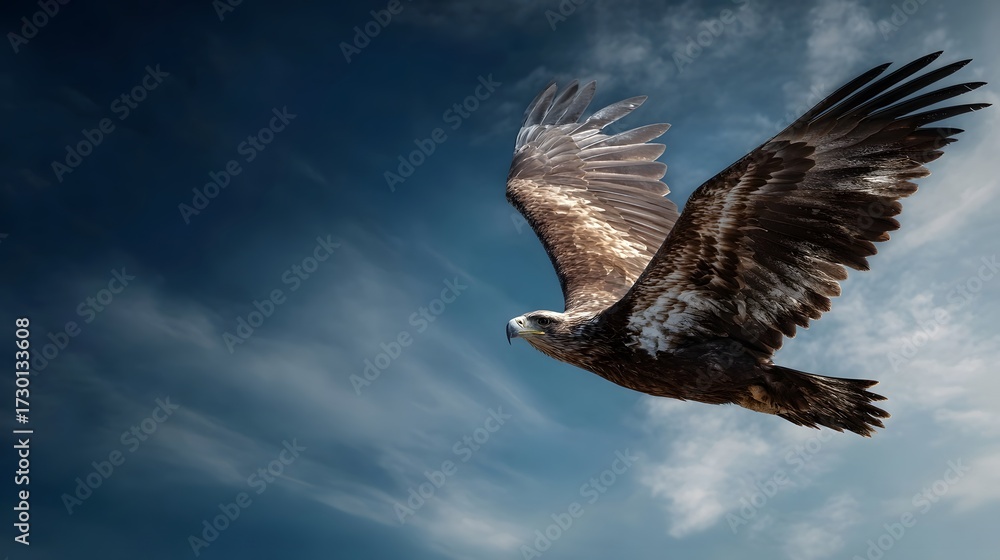 Fototapeta premium An eagle soars majestically through a dramatic cloudy sky symbolizing freedom and wildness