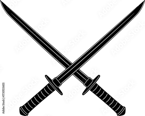 A minimalist design featuring two crossed sabers (swords) on a stark white background