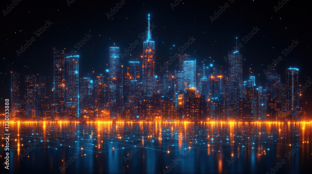 Obraz premium Illuminated cityscape reflecting on water at night with glowing lights