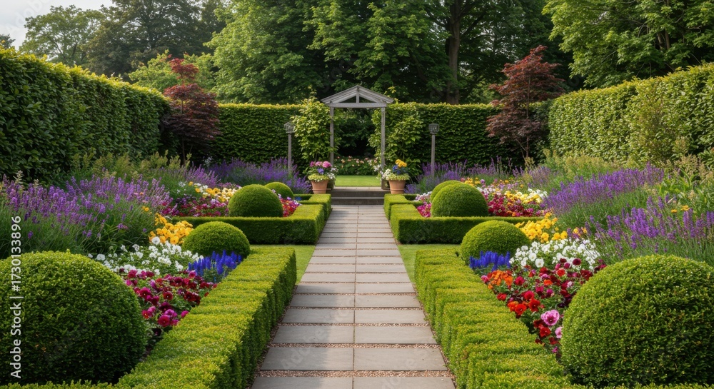 Obraz premium Colorful garden pathway with trimmed hedges and blooming flowers 