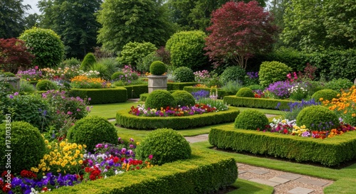 Lush garden with colorful flower beds and trimmed hedges in spring  
