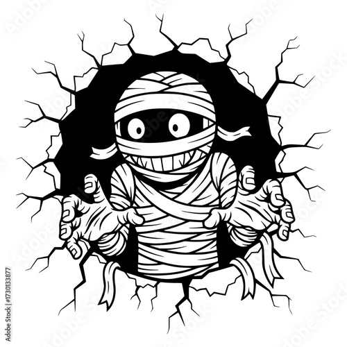 Cute cartoon mummy breaking through a cracked wall, mummy, halloween, horror, monster, scary
