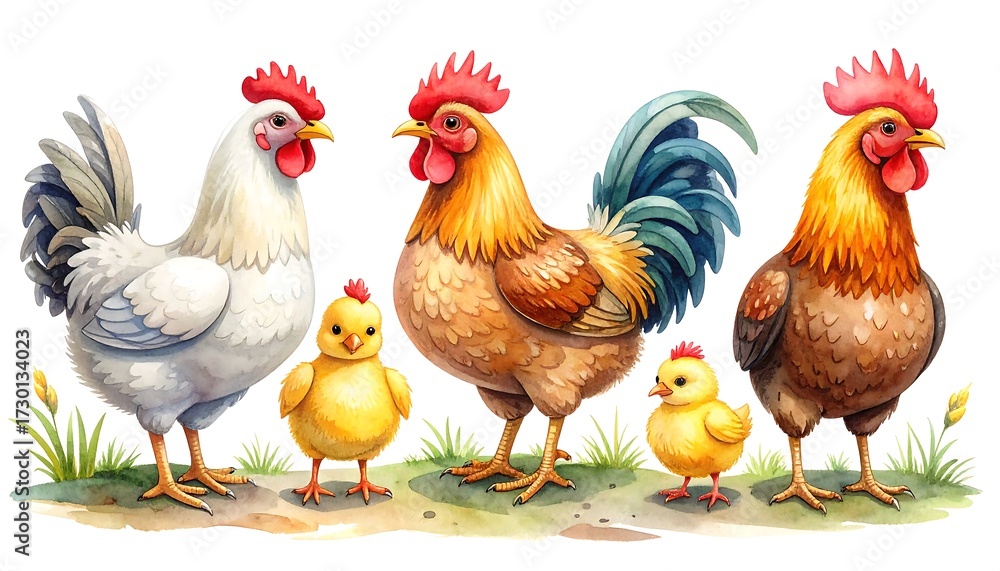 Fototapeta premium Cute cartoon rooster family