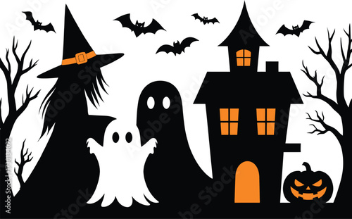 Eerie Halloween Night Silhouette Spooktacular Scene with Witch, Bats, Ghosts, Haunted House, Bare Trees, and Jack O Lanterns