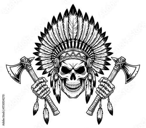 Skull wearing a Native American chief headdress and holding crossed tomahawks, tribal, warrior, feathers, axes, indigenous