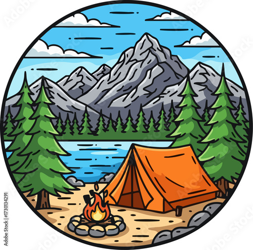 Camping in the Mountains with Lake and Forest.