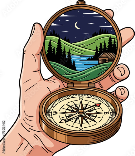 Hand Holding Compass with Night Landscape Reflection.