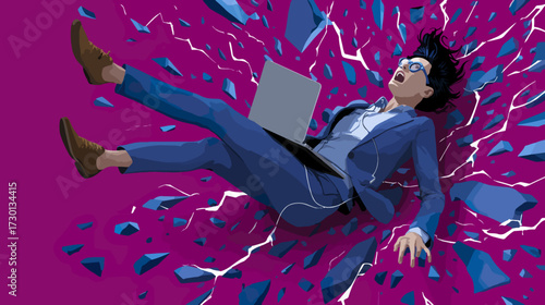 Person falling with laptop breaking abstract background
