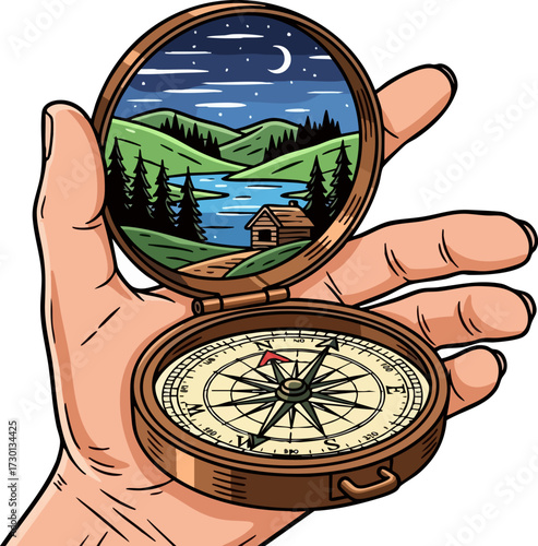 Hand holding compass with landscape and navigation.