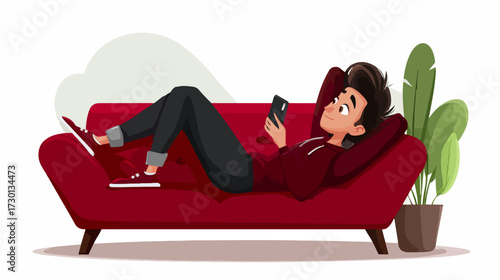 Person relaxing on sofa using smartphone illustration