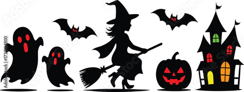 Eerie Halloween Night Scene Featuring Ghosts, Bats, a Witch on a Broomstick, Jack o Lantern, and Spooky Haunted House