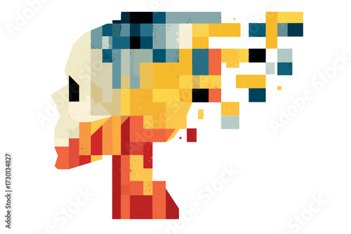 Pixelated skull dissolving into chromatic data fragments, abstract sci‑fi portrait of digital decay, memory shards, posthuman identity and cybernetics for speculative media visuals