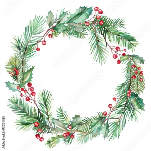 Christmas wreath with holly berries and pine branches illustration