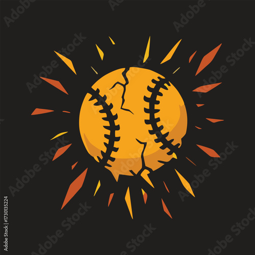 Dynamic vector art of a flaming baseball exploding with fiery energy and cracked details