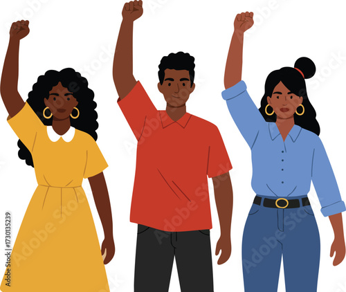Group of diverse people raising fists in solidarity and empowerment vector illustration 