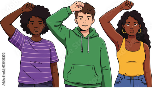 Diverse group of young people raising fists in solidarity and empowerment illustration vector 