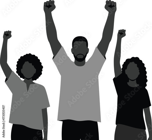 Group of diverse people raising fists in solidarity vector illustration for social justice and activism concepts 