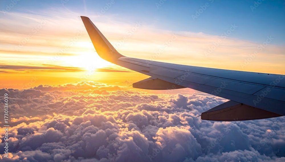 Obraz premium Airplane Wing Over Clouds Sunrise View.