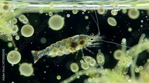 Microscopic Wildlife Exploration Aerial Drone View Reveals Crustacean in Natural Habitat with Spherical Phytoplankton and Green Algae Aquatic Ecosystem Biodiversity Research Environment Study