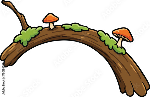 Branch with green moss and small orange mushrooms natural forest element vector illustration 