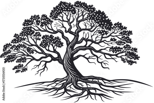 Detailed silhouette of a majestic oak tree with intricate branching patterns