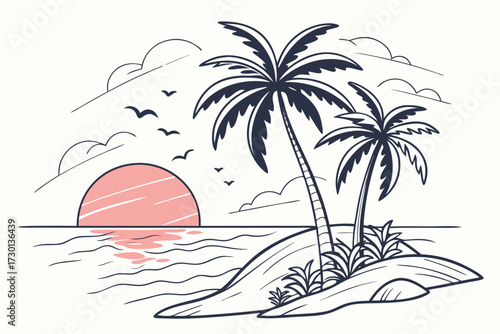 Vibrant tropical island scene featuring lush palm trees swaying gently beside the sparkling blue ocean waves under a clear sky