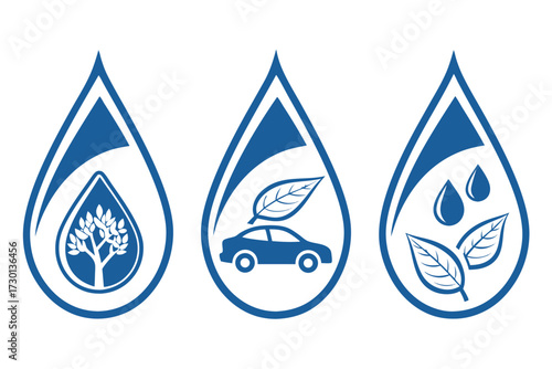 Collection of glossy blue minimalist water droplet icons for digital and print design projects