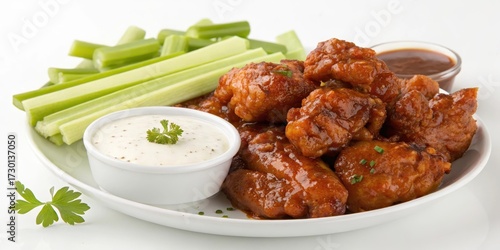 Delicious boneless chicken wings coated in savory buffalo BBQ sauce, ready to be enjoyed, chicken wings, boneless, savory
