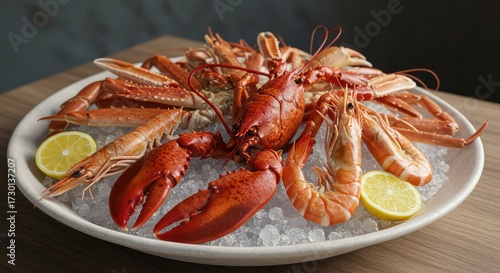 Wallpaper Mural Succulent lobster, langoustines, and plump prawns artfully arranged on ice with vibrant lemon slices, evoking gourmet dining and culinary delight. Torontodigital.ca