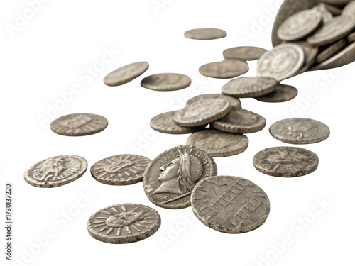 Ancient coins scattered on dark surface, showcasing intricate designs and historical significance. coins appear weathered, adding to their charm