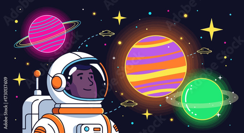 An astronaut gazes at colorful planets and UFOs, exploring the vast cosmos.