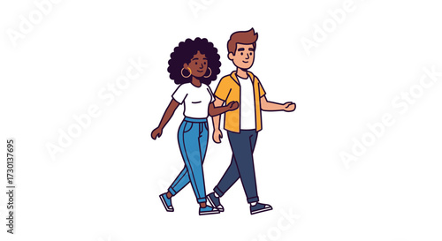 Two diverse friends walking together, arm in arm, enjoying a casual stroll.