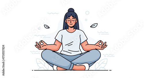 A woman with long dark hair sits in a lotus position, meditating with her eyes closed and hands in mudra.