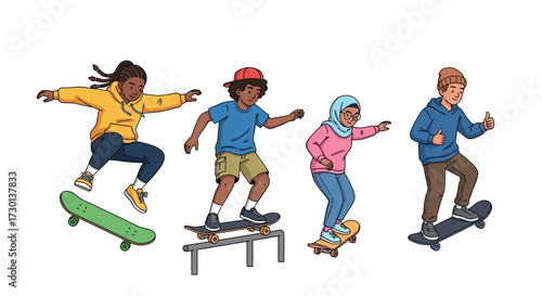 Four diverse young people skateboarding: one jumping, one grinding on a rail, and two riding, all smiling and enjoying the activity.