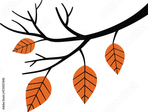 Autumn tree branch with orange fall leaves vector illustration in simple style natural design 