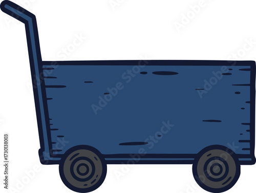 Wooden cart with handle and wheels simple vector illustration in navy blue color