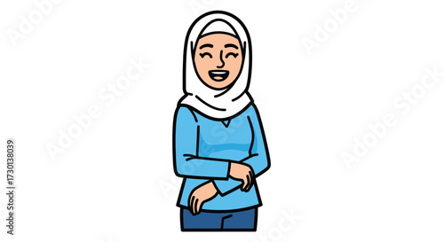 A smiling woman wearing a hijab and a blue shirt stands with her arms crossed in a cheerful pose.
