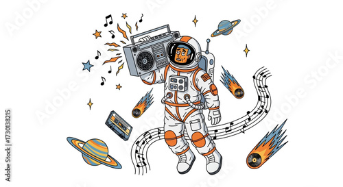 An astronaut in a spacesuit floats in space, holding a boombox with musical notes, planets, stars, and comets surrounding them.