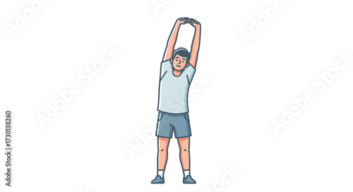 A man stretches his arms overhead, performing a side bend exercise in a fitness routine.