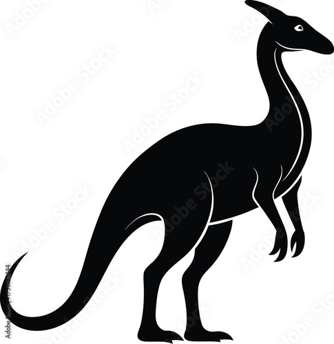 Black silhouette of a Parasaurolophus dinosaur on white