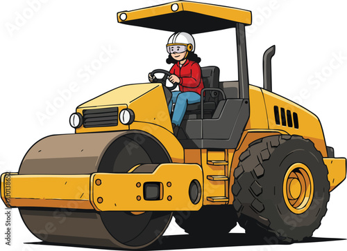 Construction worker operating yellow road roller vehicle for building and paving projects vector illustration 
