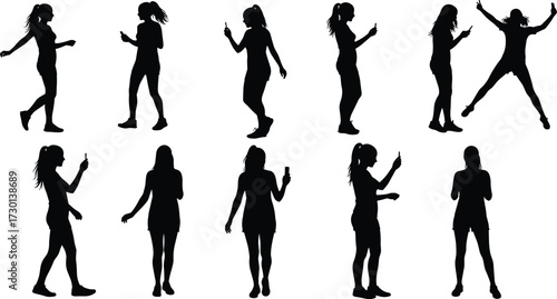 Young woman silhouette using smartphone, modern girl standing, walking, dancing, chatting, mobile device communication, social media lifestyle illustration design