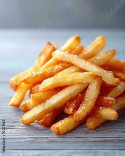 Macro Close Up of Golden Crispy French Fries Piled on Rustic Wooden Surface