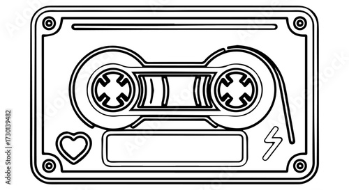 A black and white line drawing of a cassette tape, featuring a heart and lightning bolt icon.