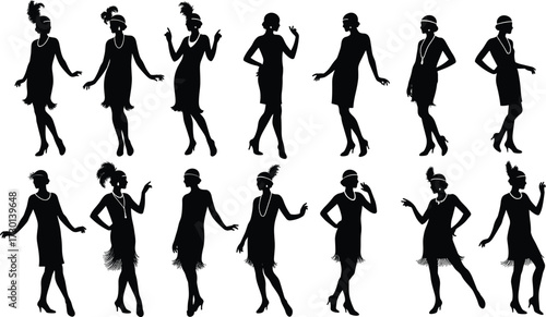 Elegant flapper girl silhouettes, vintage 1920s women fashion, retro dance poses, classic roaring twenties style, art deco party theme illustration
