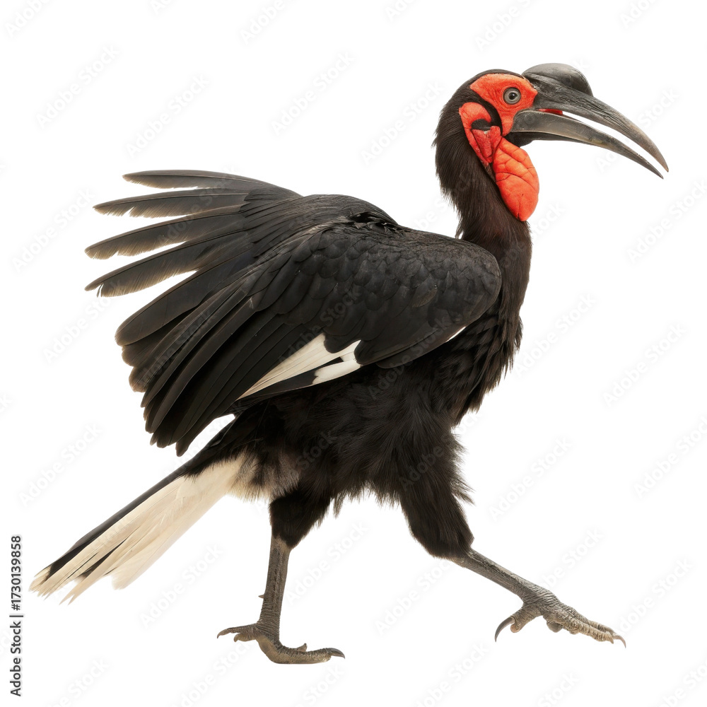 Obraz premium Majestic bird with striking black feathers, red facial features, and long beak, walking gracefully